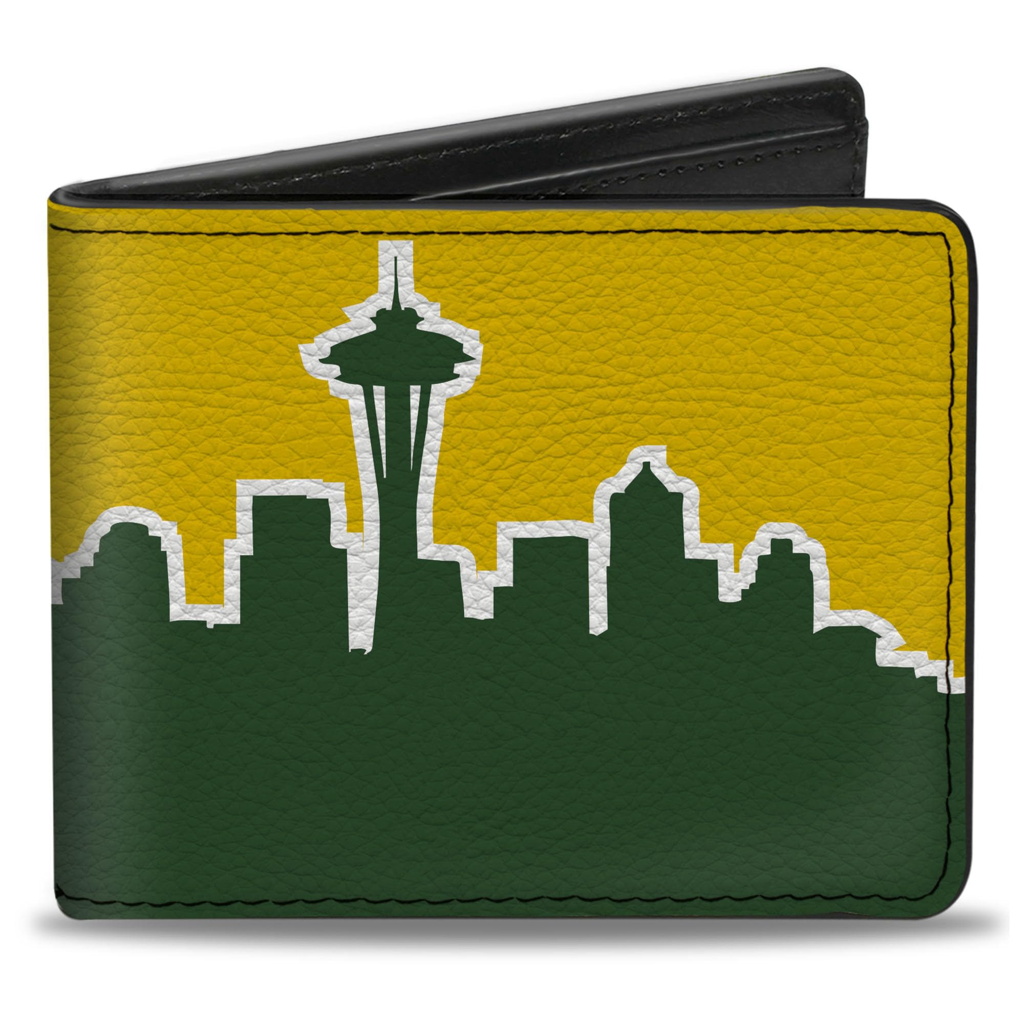 Buckle-Down Men's Wallet, Bifold, Seattle Skyline Yellow Emerald Green, Vegan Leather, Washington, 4.0" x 3.5"
