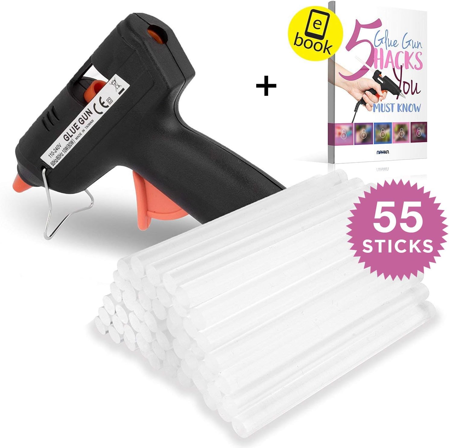 Nayka Hot Glue Gun and Glue Sticks Bundle (55-Pack) - 15W Glue Gun Heats Up Quickly - Ultra Clear Hot Melt Craft Glue - Hobbyists, Crafters, Crafting, Fabrics, Ceramics & More - Glue Sticks (7.4mm x 100mm) + EBOOK