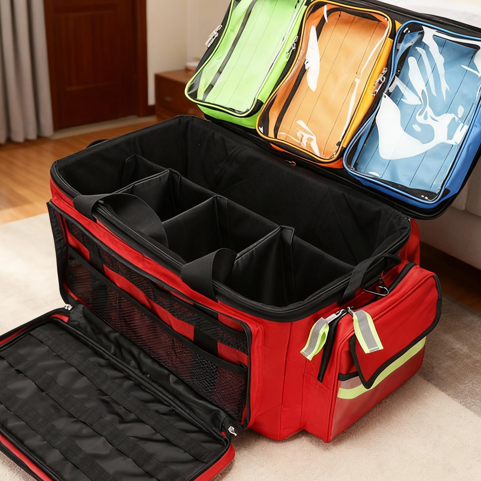 Bolsa médica con ruedas, bolsa de primeros auxilios, caja de emergencia desmontable con compartimentos y tiras reflectantes, para EMT, EMS, enfermeras de salud en el hogar, médicos, color rojo