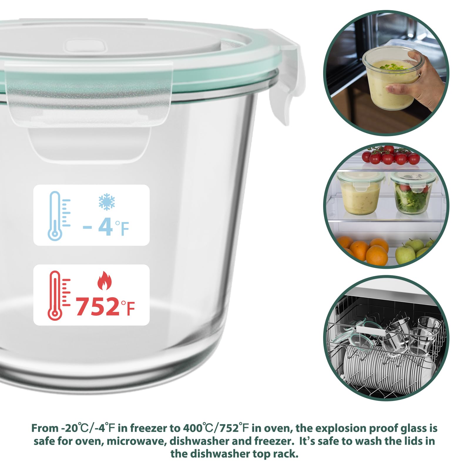 8 recipientes de vidrio para preparación de comidas con tapas, juego de recipientes herméticos de almacenamiento de vidrio de 3 tazas, resistentes al calor, sin BPA, para sobras de sopa, microondas