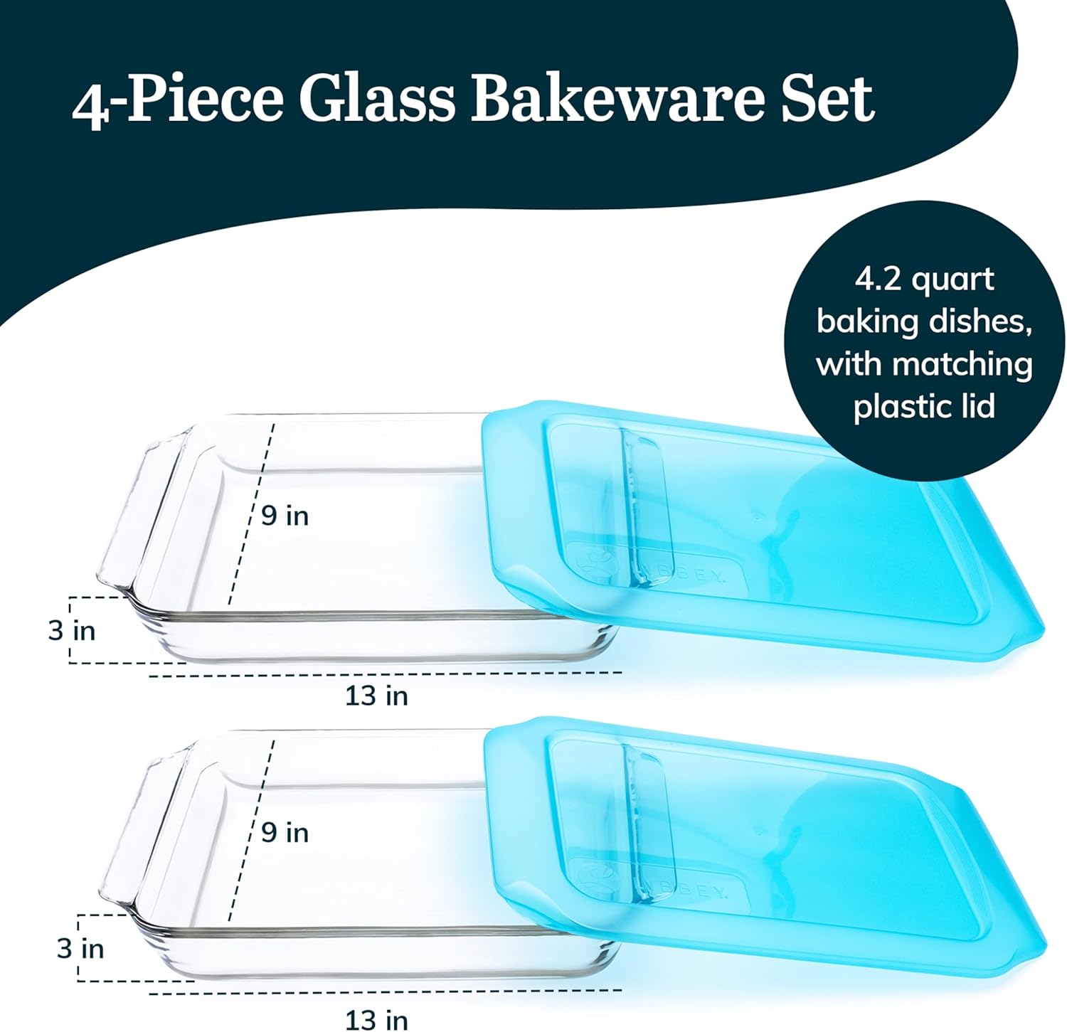 Libbey Baker’s Premium 2 Piece Glass Baking Dish Set, Stackable Casserole Dish with Lid Set, Baking Glassware for Casseroles, Lasagna, Brownies, Cakes