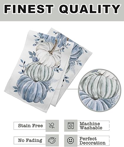 Miniatura 8 de Camino de mesa de otoño de calabaza blanca y azul, caminos de mesa de cosecha de Acción de Gracias, hojas de eucalipto azules, algodón y lino,