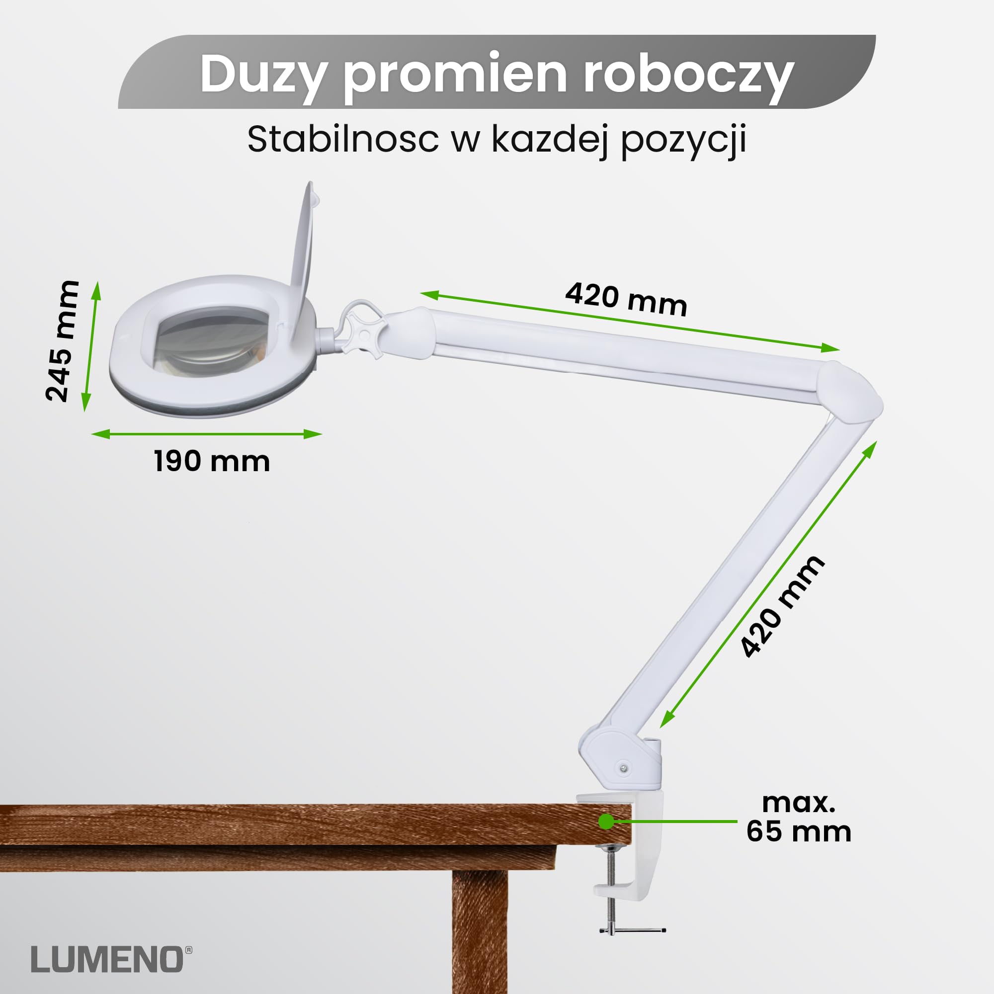Lumeno 8615GR Lampa powiększająca Lampa robocza z dużą owalną soczewką 110x150 mm, 60 LED ściemnianych w 2 stopniach, idealna jako pomoc do czytania, kosmetyków lub lutowania, 5 dioptrie, szary
