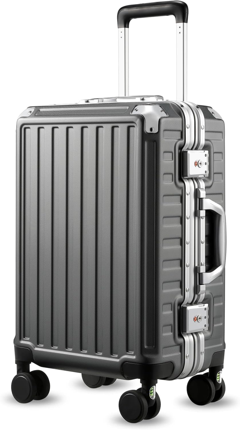 LUGGEX Aluminiumrahmen Koffer Klein, Koffer Trolleys ohne Reißverschluss, 100% PC Hartschalenkoffer Reisekoffer mit Alu Rahmen, 8 Spinner Rollen, TSA Schloss, Schwarz, 55,8 x 37 x 24 cm
