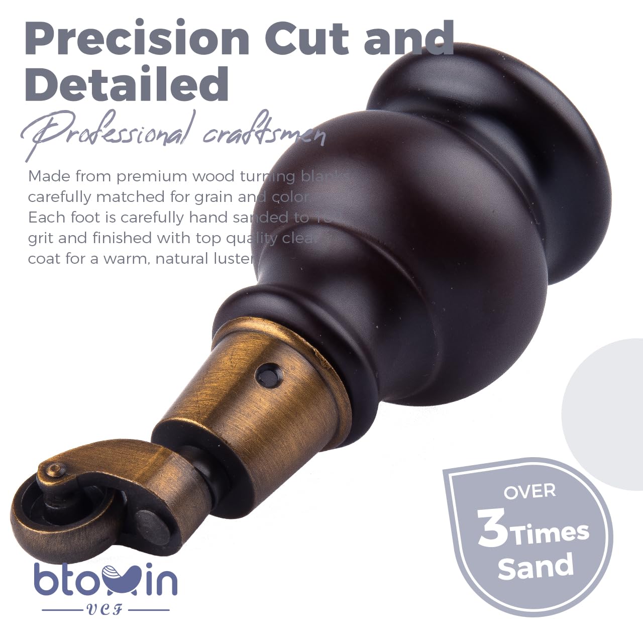 Btowin VCF 6 inch / 15cm Wooden Furniture Legs with Castors, 4Pcs Walnut Solid Wood Legs Round Gourd Wooden Turned DIY Replacement Bun Feet For Armchair, Recliner, Ottoman, Cabinet - Image 4