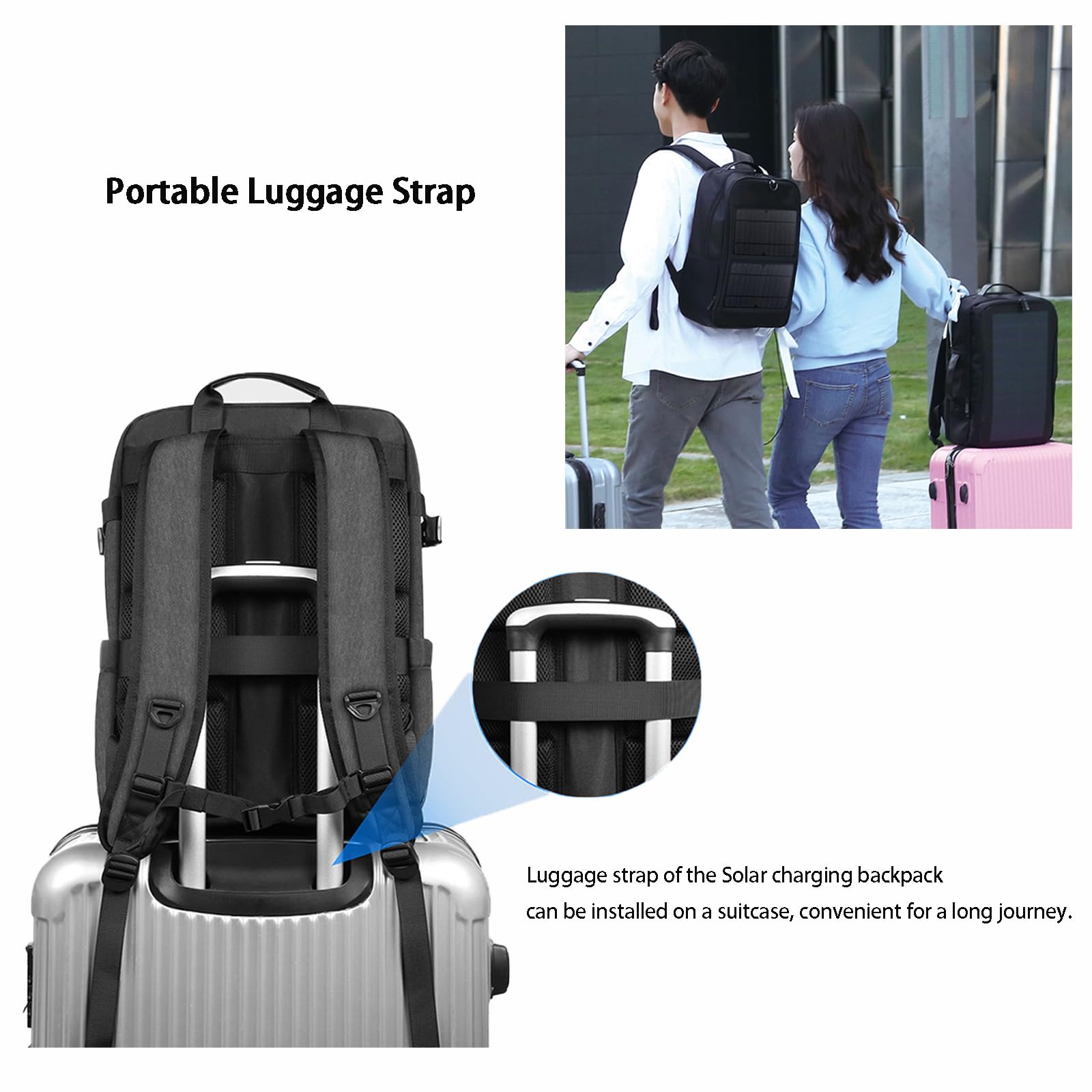 Zaino solare da 14 W, impermeabile, con ricarica USB intelligente, borsa ergonomica multifunzione per computer portatile, zaino da trekking all'aperto, perfetto per affari, corsa, ciclismo,