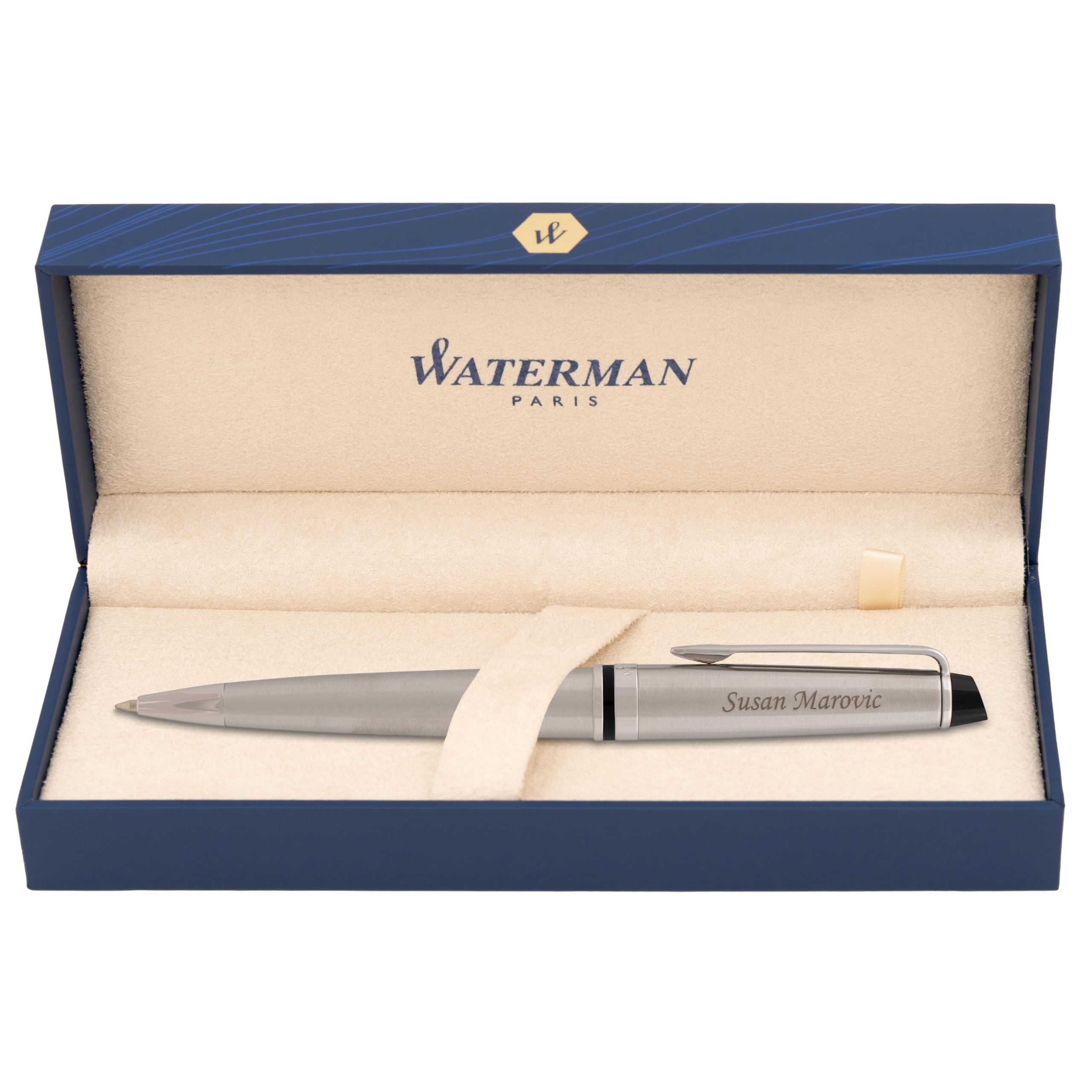Personalized Waterman Pen | Engraved Waterman Expert Twist Action Ballpoint Pen in Brushed Stainless with Chrome Trim. Executive Luxury Gift Pen.