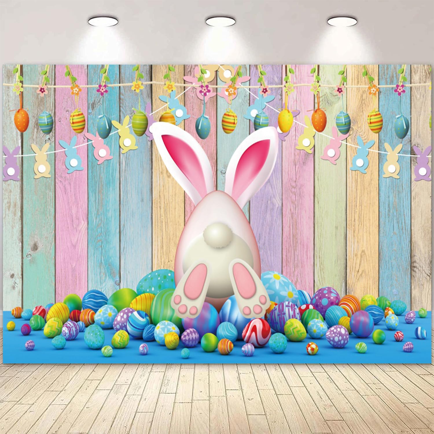 deFouliao 7x5ft Easter Backdrop Bunny Egg Rabbit Colorful Wood Wall Eggs Photography Background Happy Easter Backdrops Kids Children Adult Birthday Party Decorations Photo Studio Props Supplies