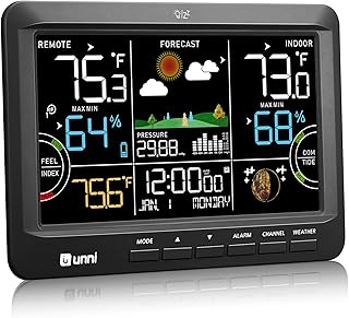 Weather Station Indoor Outdoor Thermometer Wireless, Home Atomic Clock with Large Constant Display, Inside Outside Temperature Humidity Monitor, Dew Heat Point, Barometer Black