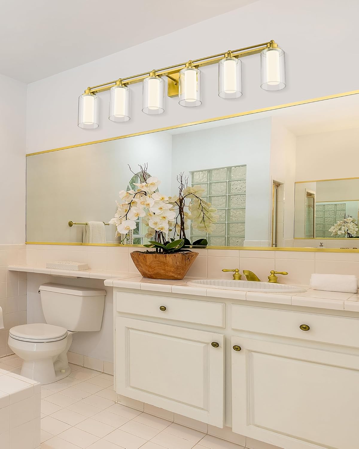 Bathroom Vanity Light Fixtures 6 Light, HWH Brushed Gold Vanity Light Over Mirror, Brass Wall Vanity Lights, 36W 5CCT LED Dimmable Bathroom Light, 5HLT63B-6W-LED BG
