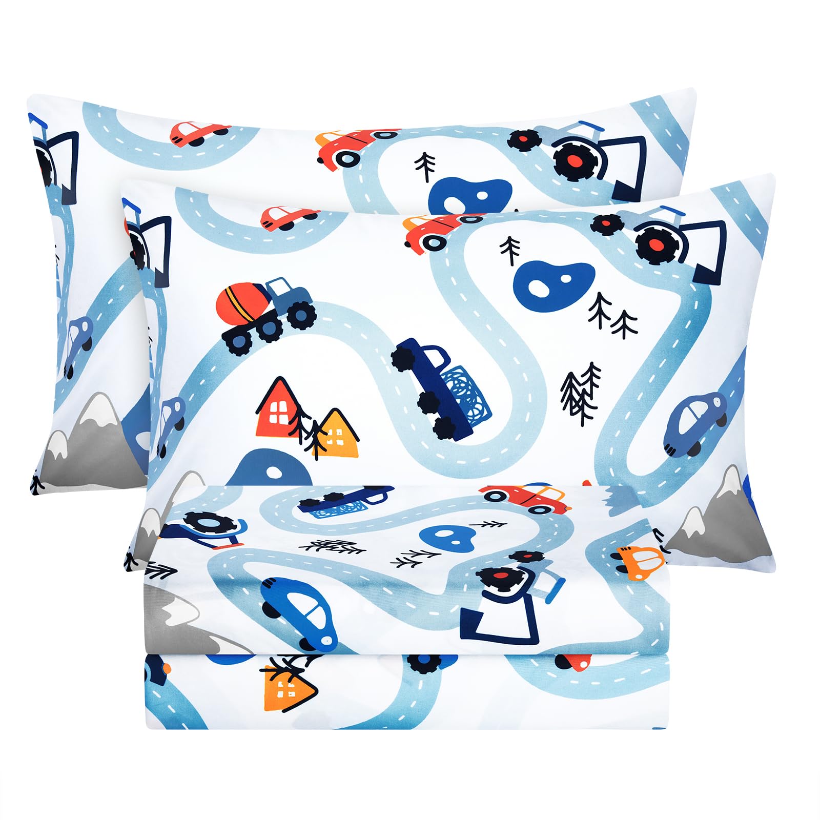 BYSURE Full Sheets Set Kids(Car Trace, Blue), 4 Pieces Easy Fit Deep Pocket Sheets Set for Boys, Breathable Wrinkle-Free Microfiber Bedding for