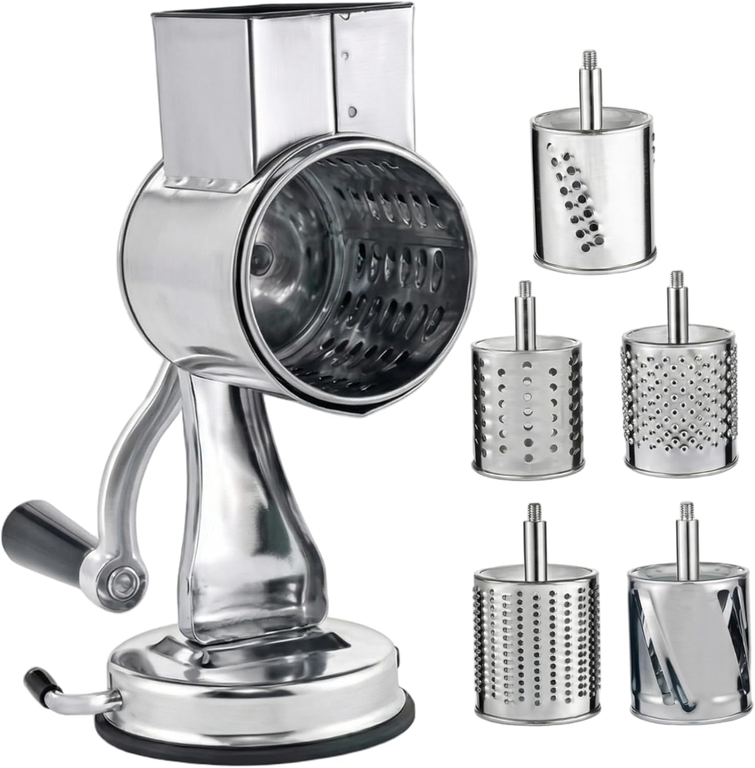 Cheese Grater Rotary, Hand Crank Stainless Steel Cheese Grater with 5 Blades, Even Shredding Suction Base Vegetables Chopper for Walnuts, Potato, Carrot