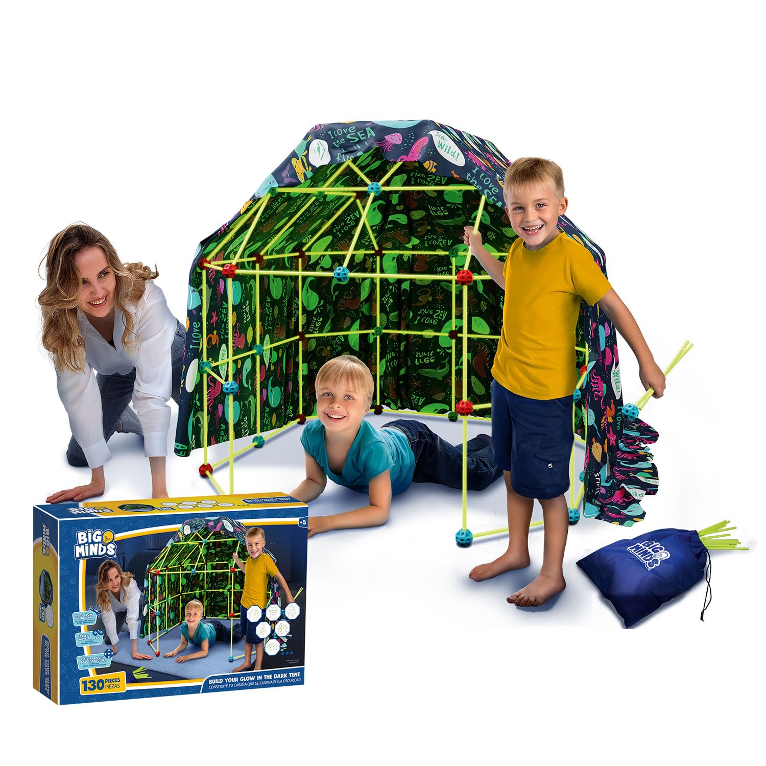 Big Minds - Den Building Kit Glow In The Dark | Fort Building Kits For Kids | Construction Toys Stem 130 Piece | Den Making Kit Infinite Shapes | Den Making Kit | 5 Year Old Girls Gifts |