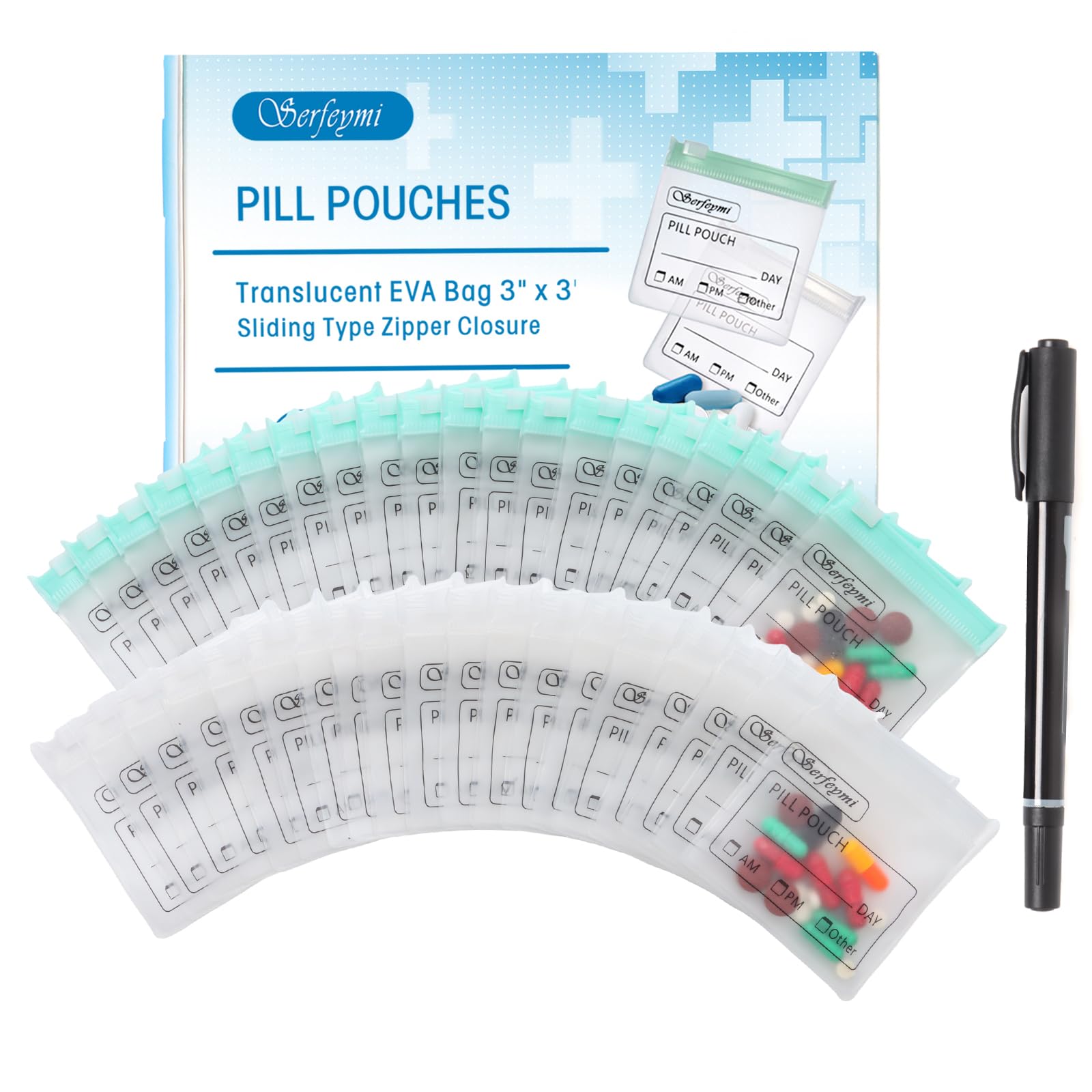Serfeymi 48 Pcs Pill Pouches Bags for Travel 3 x 3 in 12 mil(Double Sided)