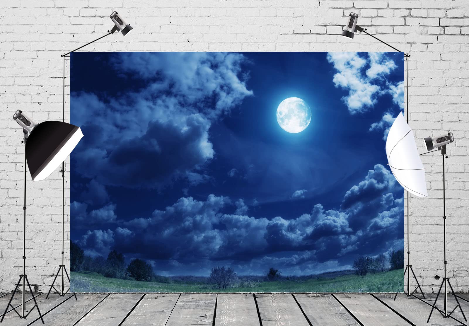 BELECO 3x2.5m Telo sfondo notte stellata luna piena | Cielo nuvoloso prato verde natura sfondo campeggio picnic decorazione festa accessori foto