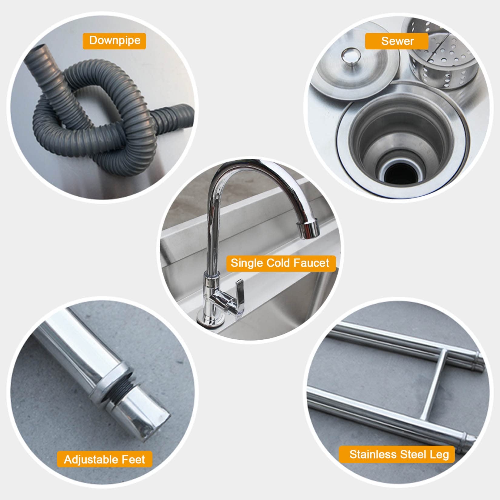 Lavandino multiuso, autoportante in acciaio inox con supporto e rubinetto, perfetto per cucina, ristorante, lavanderia, garage, cortile