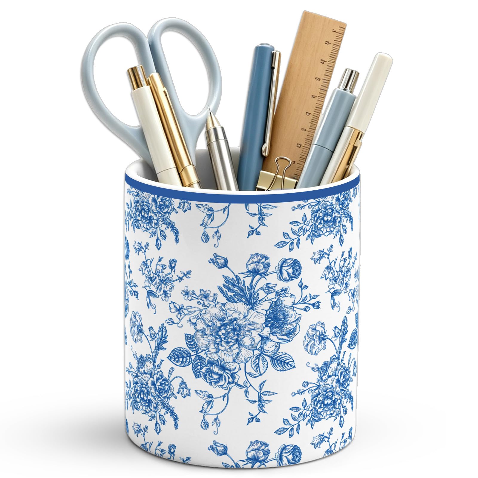 AnyDesign Ceramic Pencil Holder, Blue Toile Floral, 3.1 x 3.9 Inch