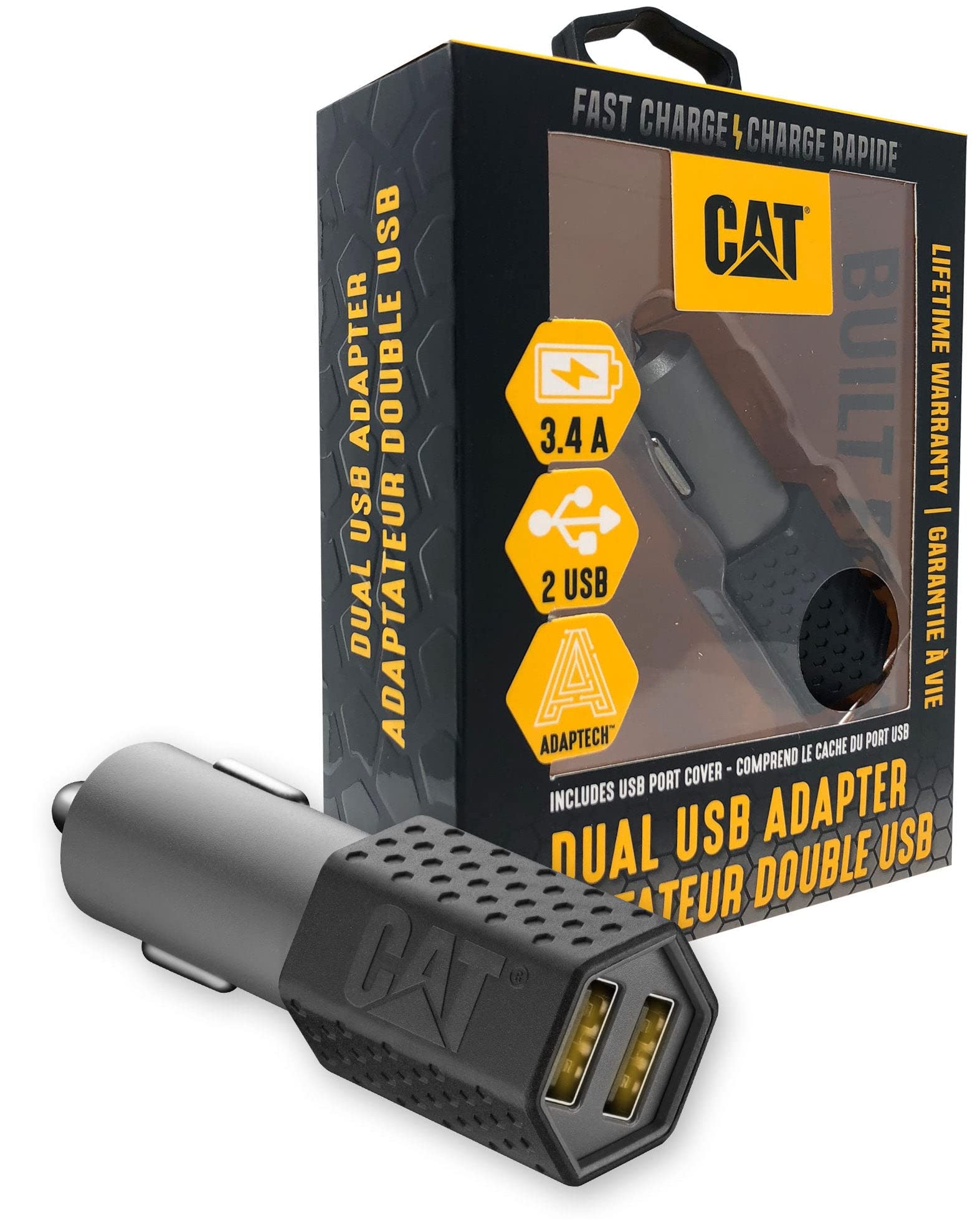 CAT Dual USB DC Vehicle Adapter (3.4 AMP) - Multi USB Port Fast Car Charger for Charging Multiple Phones, Tablets, Devices, Or Smart Phone Accessories