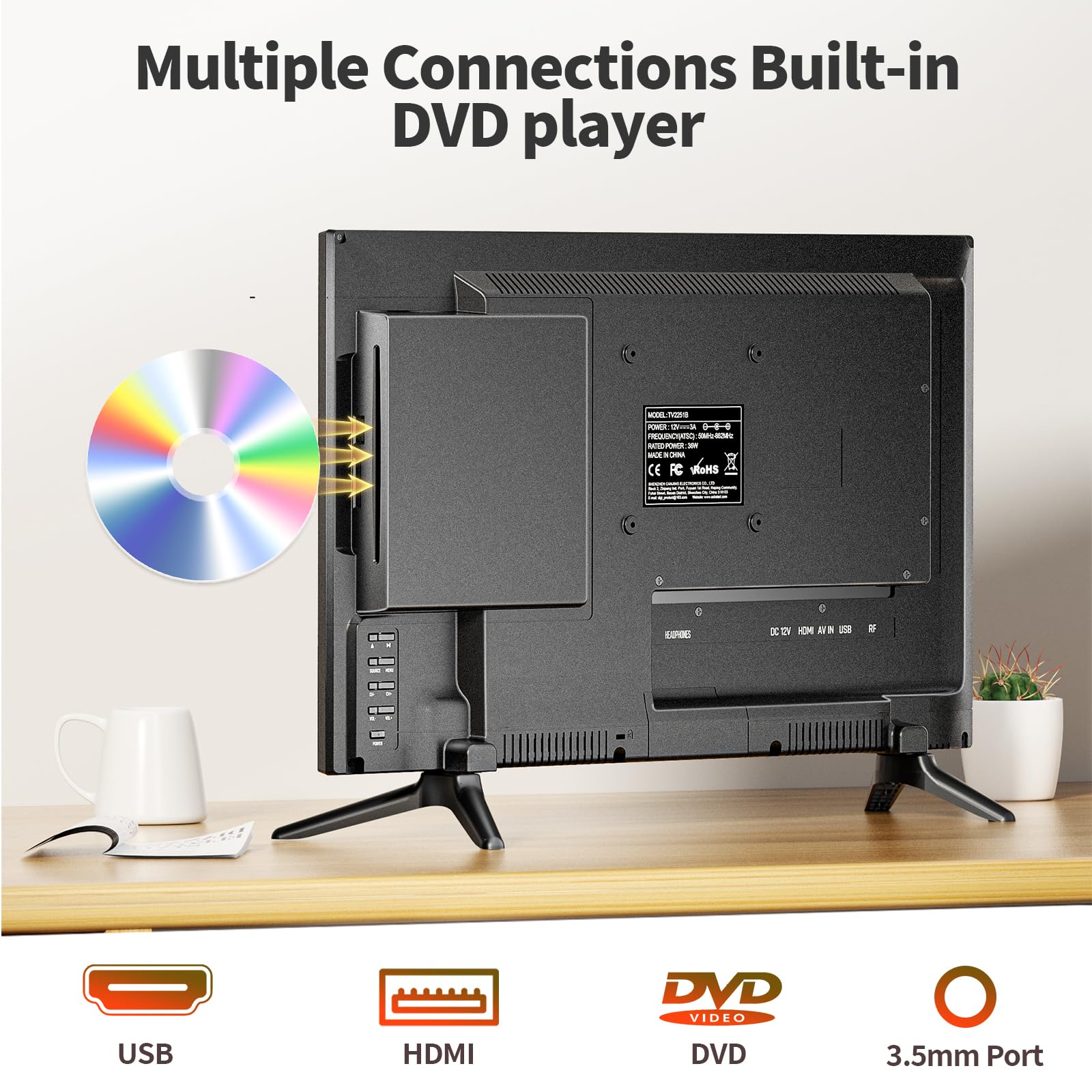 Desobry Mini TV 22 Pulgadas con Reproductor de DVD Integrado | Sintonizador DVB-T2 y antena, HDMI/USB/AV, Combo TV-DVD 12V, Para caravanas, cocinas y espacios reducidos