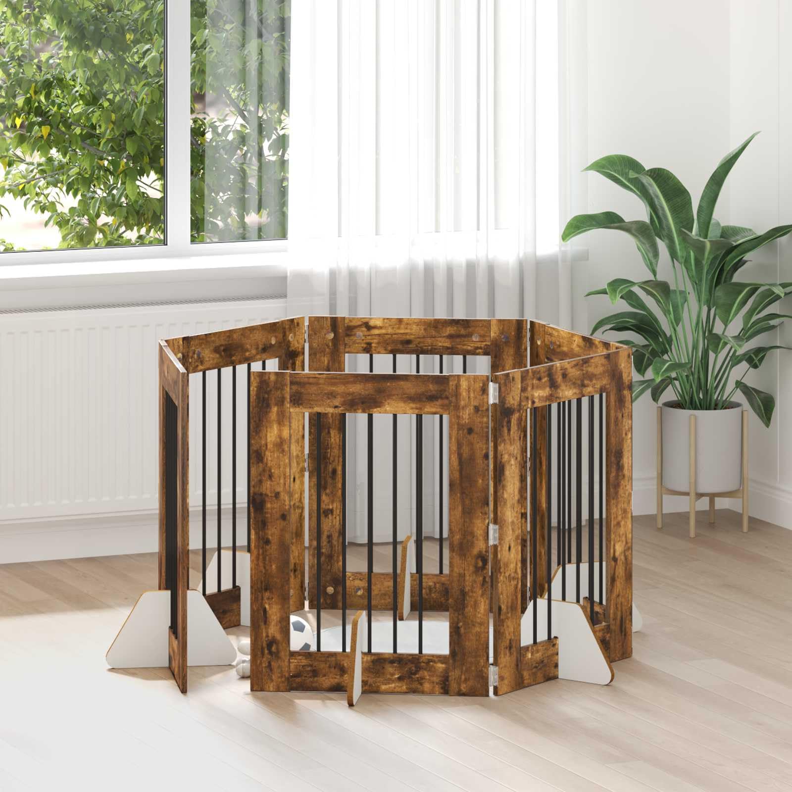 Cancelletto per cani con supporto, 6 pezzi, in rovere affumicato, 60 x 80 cm, pieghevole e trasportabile, barriera interna per cani, box sicuro e recinto per cuccioli e animali domestici
