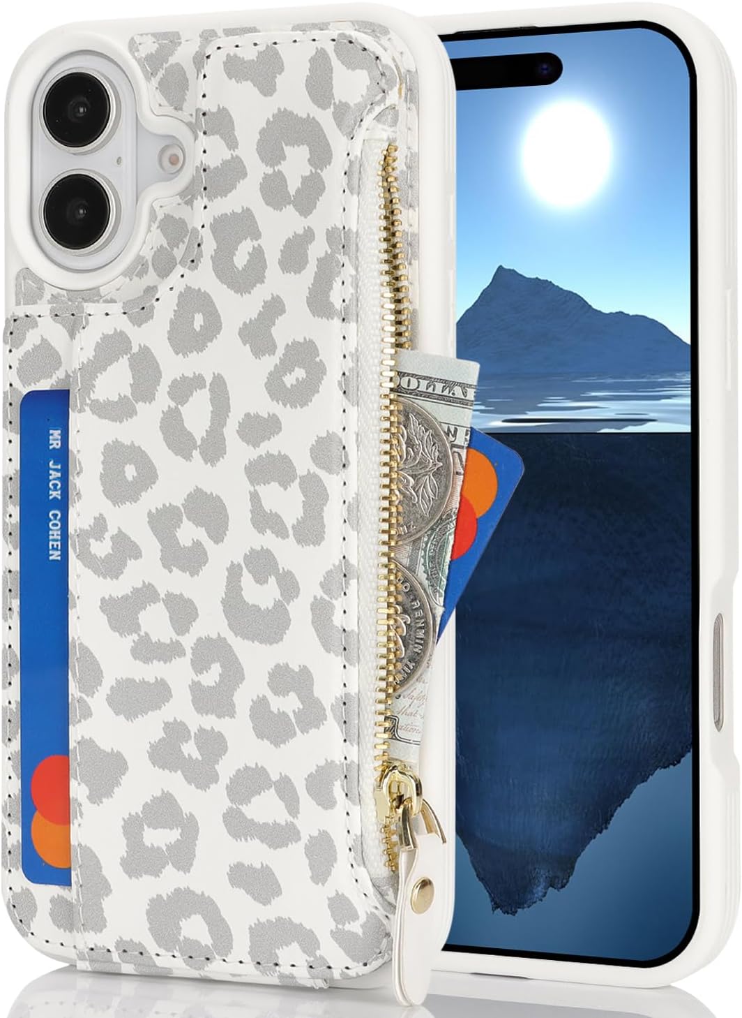 Cavor for iPhone 16 Case with Card Holder,for iPhone 16 Wallet Case for Women,Leather Zipper Pocket Shockproof Phone Cover-Leopard White - Image 6