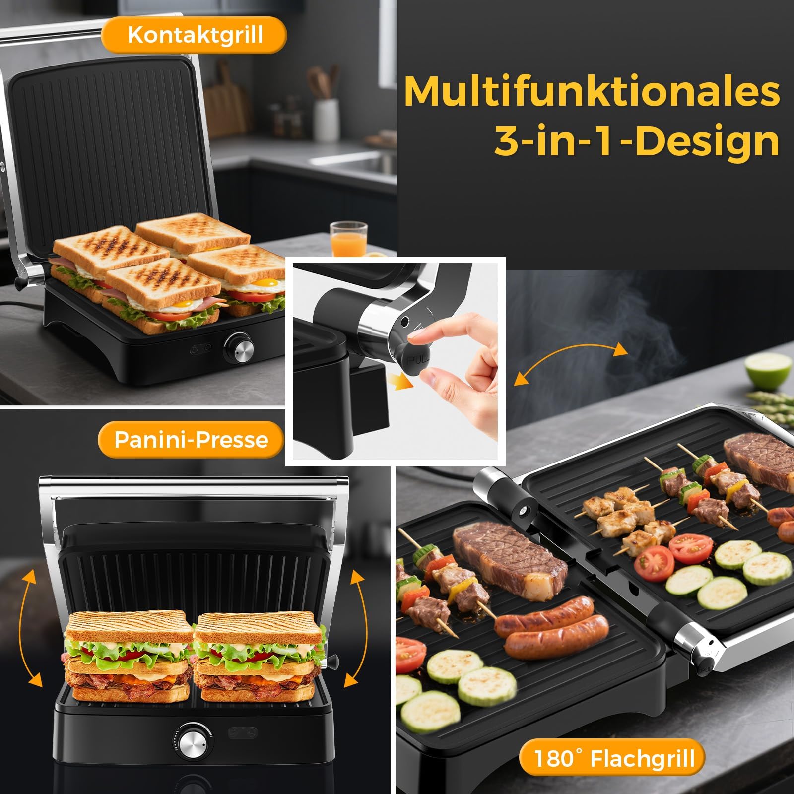 YASHE Barbecue a contatto con regolatore di temperatura, apribile a 180°, piastre antiaderenti, coperchio in acciaio inox, panini per panini, carne e verdure, 2000 W