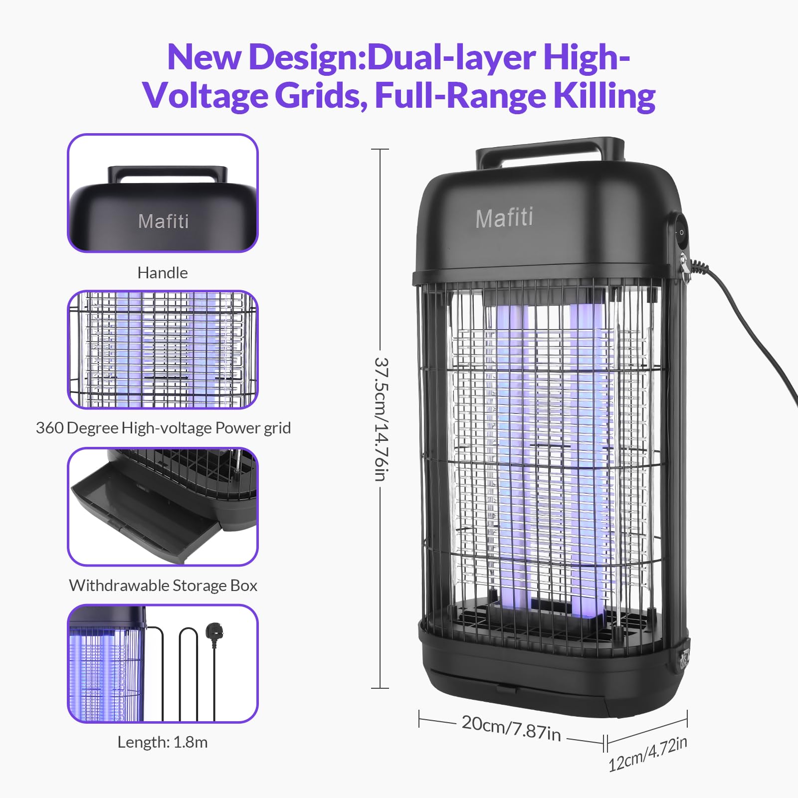 Mafiti Fly Zapper Electric Fly Killer 1200V Bug Zapper con Tubo de luz de 20W, Trampa eficaz para Moscas, Uso Interior, Control de plagas doméstica y Comercial (Negro)