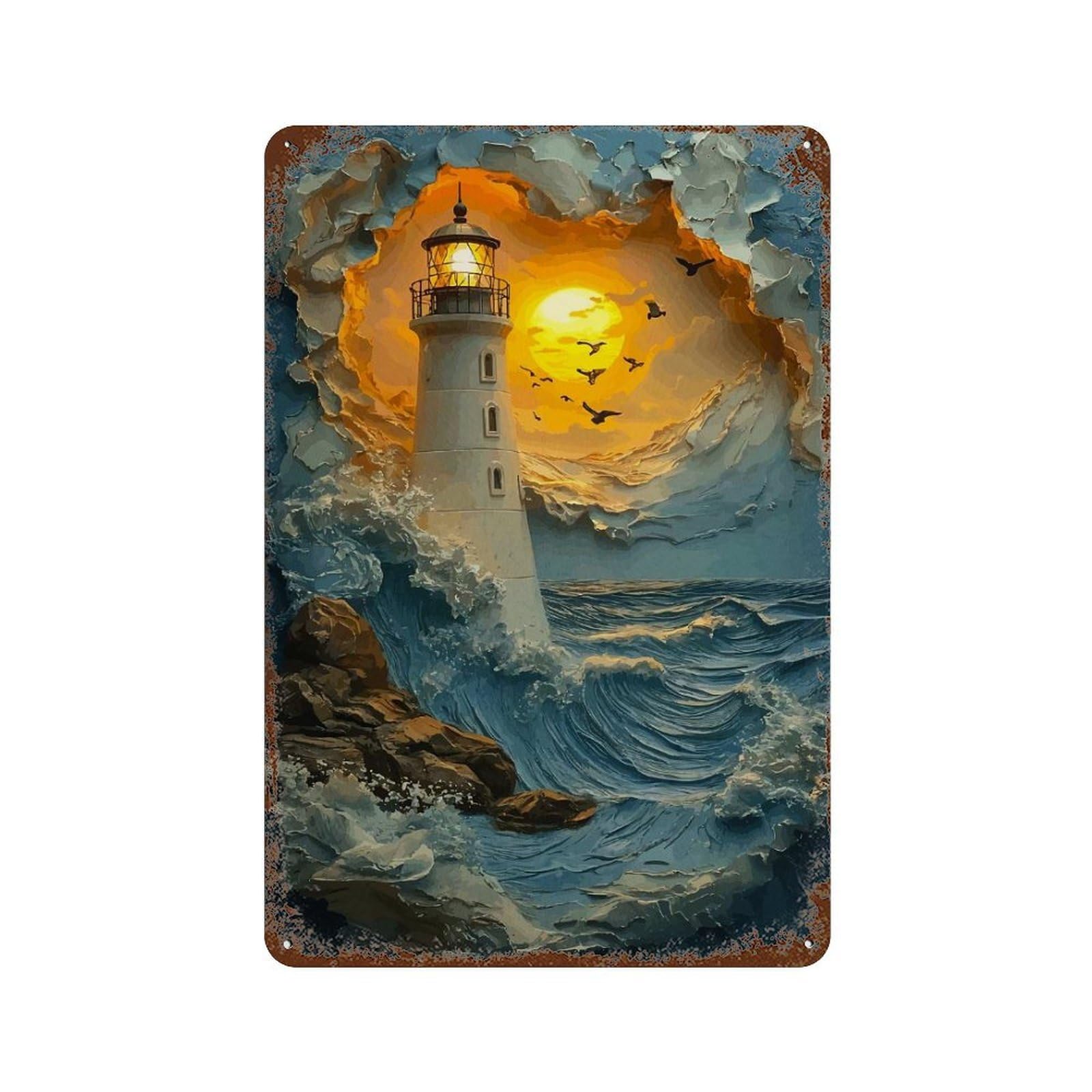 Lighthouse in Stormy Sea Rust Effect Tin Sign 11.8"x7.9", Rustic Home Decor for Cafe, Home Bar And Lounge Decor