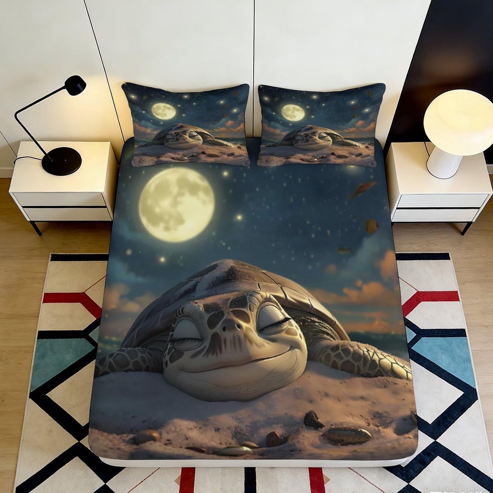 3D Printed Night Sky Turtle Fitted Sheet Microfiber Soft Breathable Moonlight Bed Sheet for Bedroom Dormitory Guest Room Mattress Protection 160x200x25cm