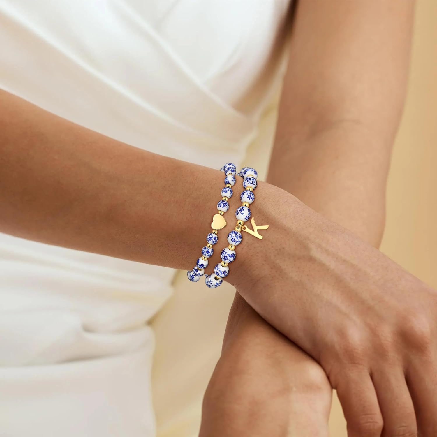 Bead Charm Heart Initial Bracelet for Women Girls - 2PCS Flower Vintage Heart Initial Bracelet Teen Girls Gifts Handmade Stretch Gold Beaded Dainty Romantic Jewelry Gift for Women Girl - Image 3