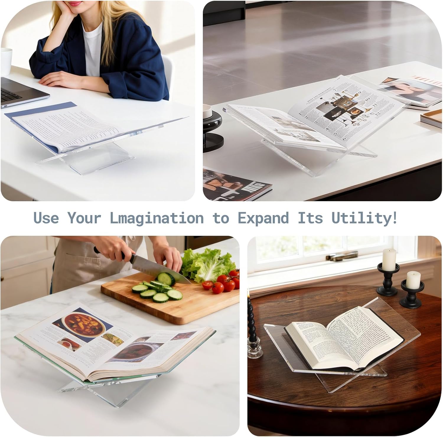 PUERSI Acrylic Book Stands for Display, 15.8 x 9.5 x 4.3 in Open Bookstand, Coffee Table Book Stand, Display Easel for Quran, Magazine, Art, Cook Book, Bible, Textbooks - Clear