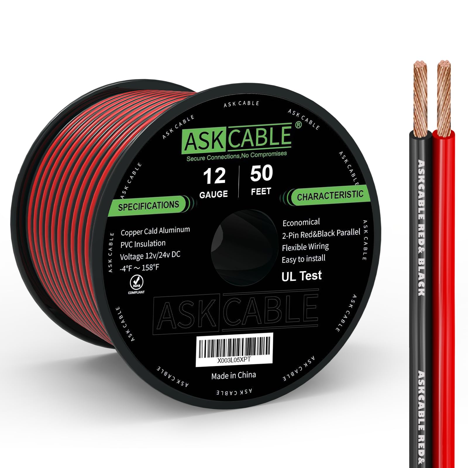 12 Gauge Wire, 12 AWG Electrical Wire Cable, 2 Conductors Red Black Wire, Copper Clad Aluminum(CCA) Flexible PVC Extension Cord for Speaker, Hookup LED Strips, Automotive 12V/24V DC (50FT)