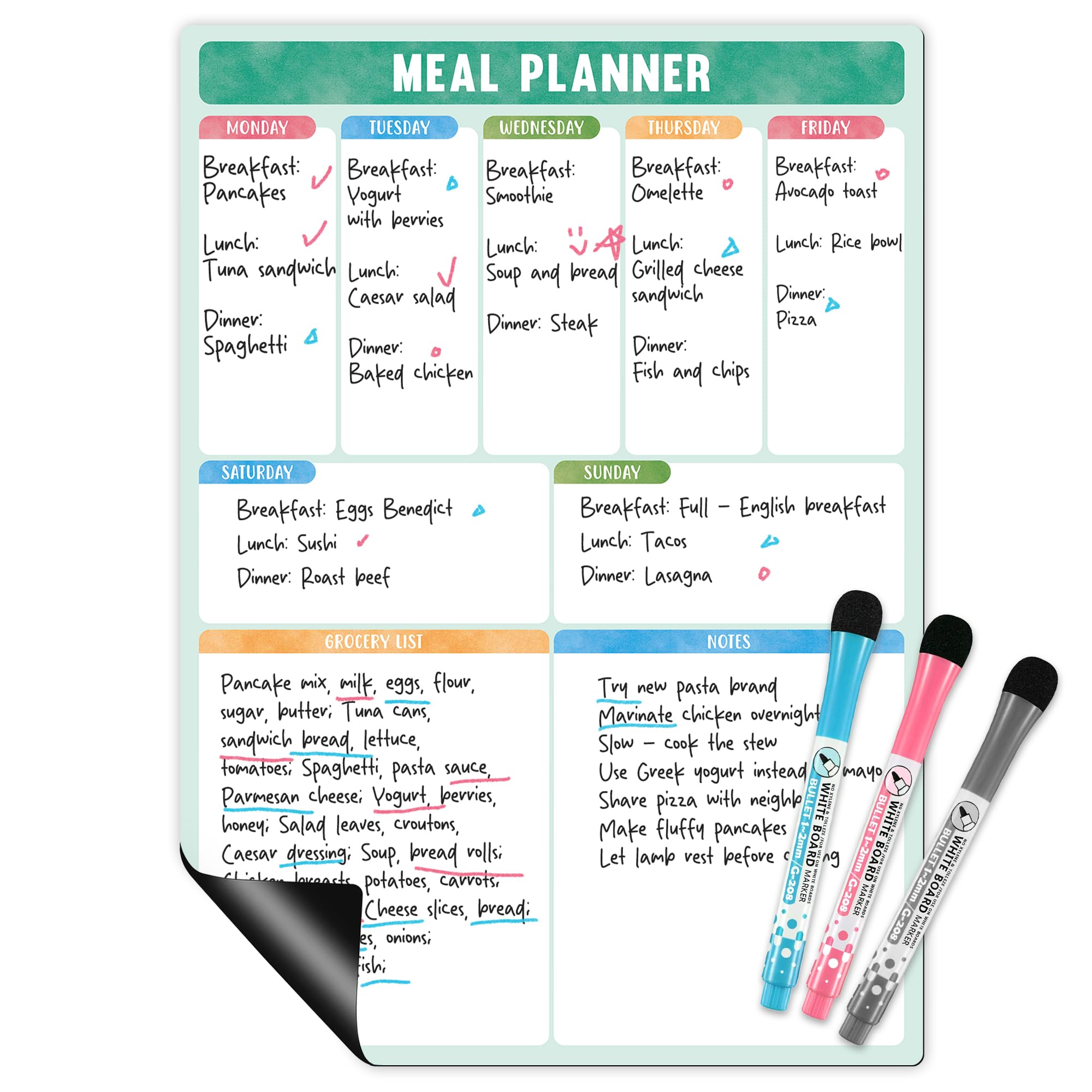 Fridge Whiteboard Meal Planner Board, Weekly Magnetic Shopping List, Kitchen Menu Board - 30 ร 21.4 cm, Reusable & Erasable, Includes 3 Pens, for Food Planning & Convenient Shopping