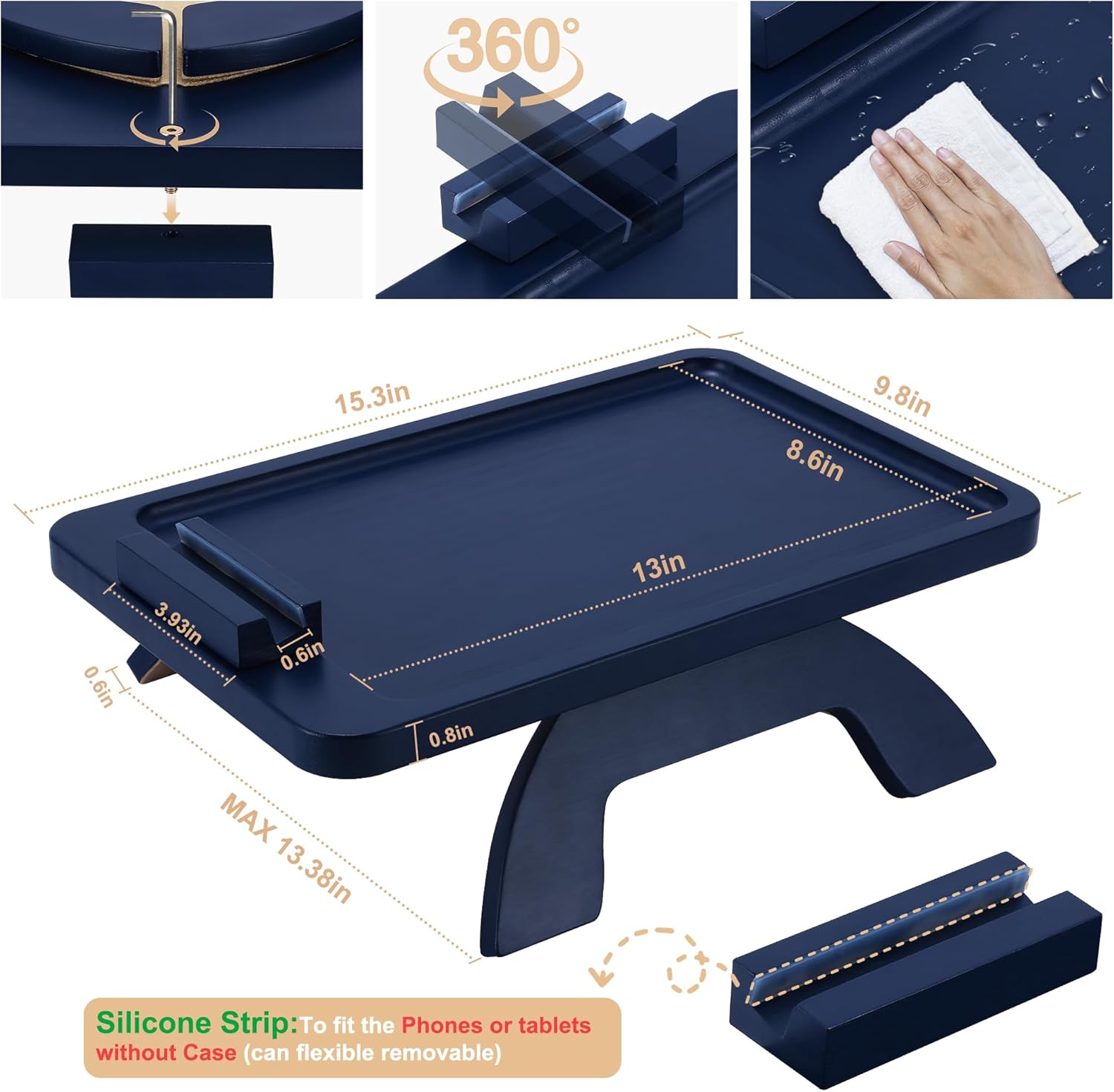 SINWANT Couch Armrest Table, Bamboo Couch Arm Table 360° Phone Holder,Foldable Sofa Arm Tray for Eating Drinking Snacks Remote on Chair Armrest