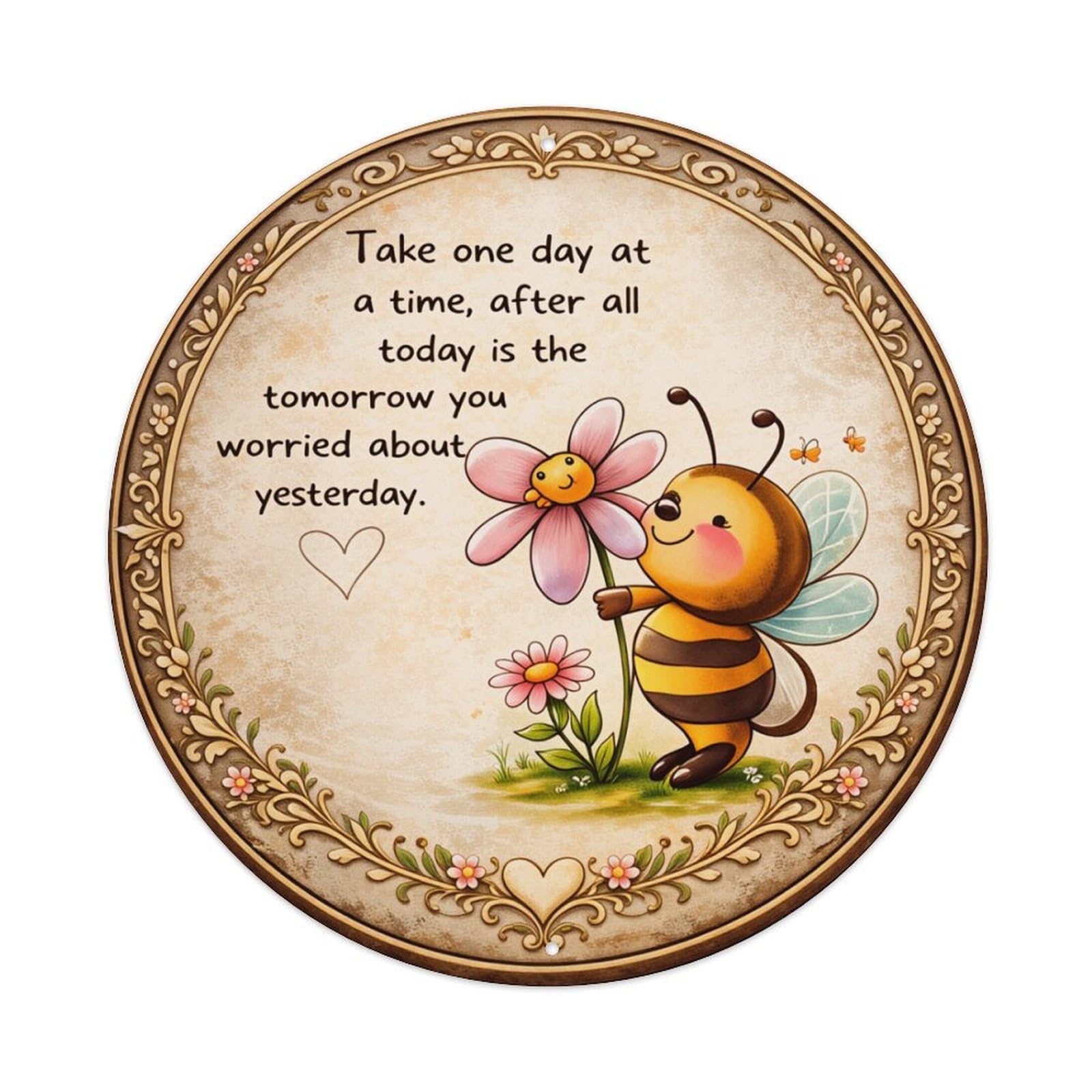 Bee Flower Heart Quote Round Tin Sign Retro Metal Sign for Cafe Bar Pub Home Game Room Gym Club Wall Decoration Vintage Metal Poster 8x8 Inch