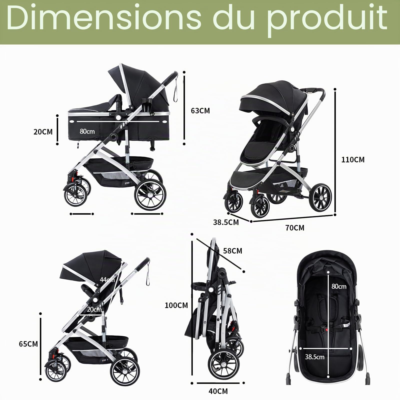 Poussette 3 en 1 Citadine Pliant en Un Clic Cadre en Aluminium 0-4 Ans