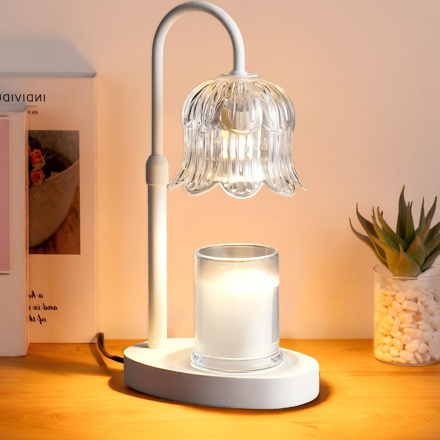 Candle Warmer Lamp Electric - Classicism Glass Design with 2 Bulbs - Adjustable Height and Dimmable Timer Transparent Flower Lamp - Jar Candles Flameless Burner Suitable Various Holiday Warming Gifts โ image 1