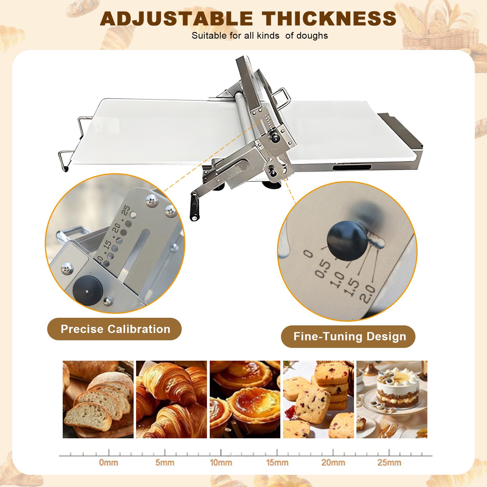 Laminoir à Pâte Pliable Laminoir Manuel à épaisseur Réglable Laminoir à Pâte Feuilletée en Acier Inoxydable Laminoir à Pâtisserie pour Pizzas Croissants Pâtisseries Domestique Commercial