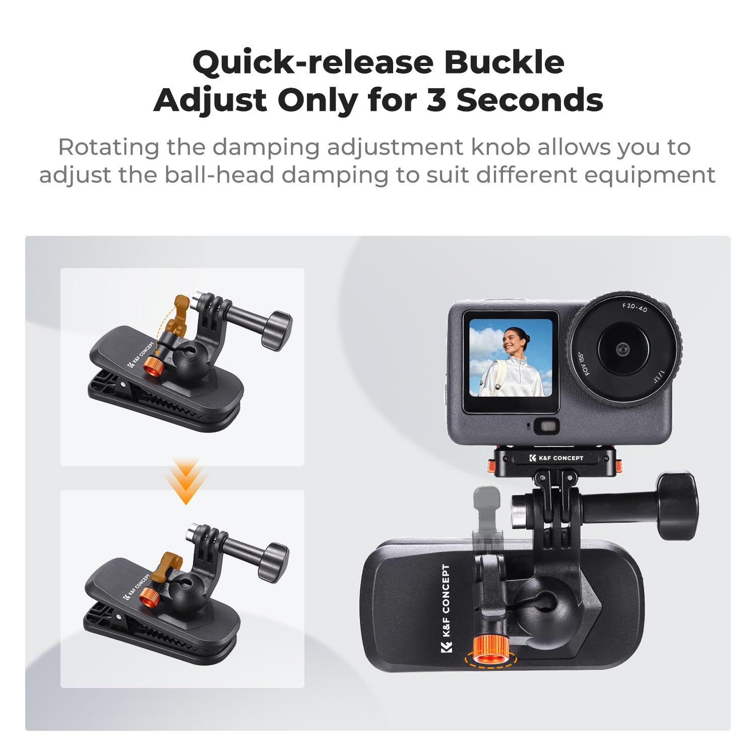 K&F CONCEPT Support Pince Magnétique pour Sac à Dos, Rotule à 360°, Compatible avec DJI Osmo Action 6/3/4/5 Pro, GoPro Hero 13-9 Noir, Insta360 X5/X4/X3 - Support pour Caméra d'action