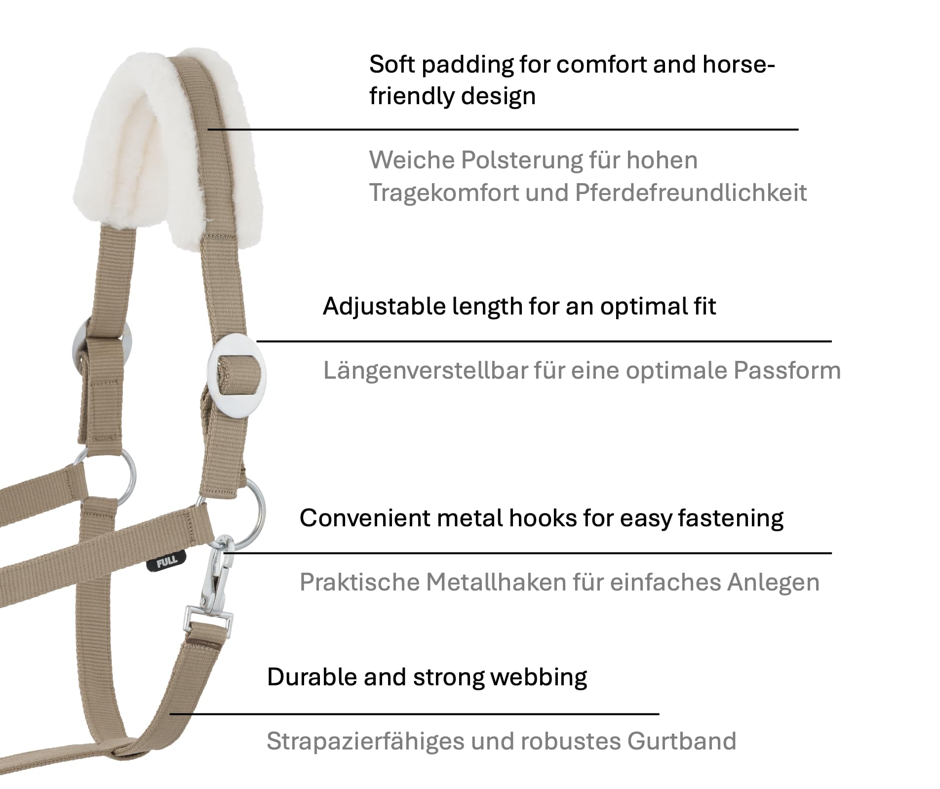 JA Horse Faux Fur Halter Lead Rope Set including Panic Hook Adjustable Horse Halter Horse Wooden Horse Tie Rope (Faux Fur Panic Hook Khaki - Image 2