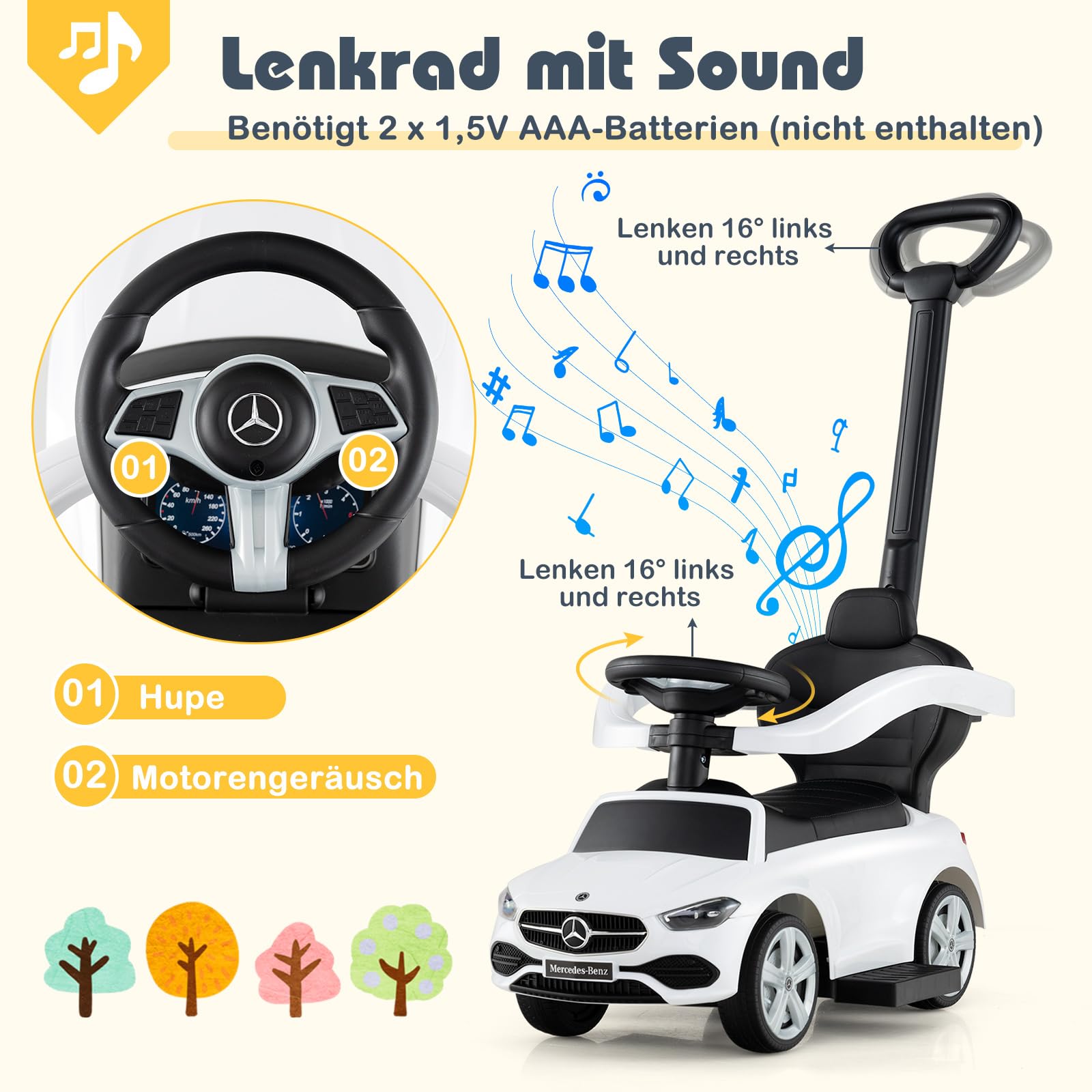 COSTWAY Mercedes-Benz Rutschauto, 3-in-1 Rutschfahrzeug mit Schiebegriff, Stauraum & Lenkschieber, Schiebauto mit Hupe & Sound, Rutscher Auto für Kinder ab 1 Jahr (Weiß)
