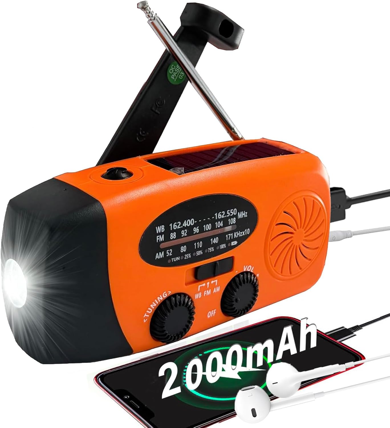 Emergency Climate Radio, 2000mah Photo voltaic Hand Crank Radio, AM/FM NOAA Transportable Battery Powered Radios with Cell Telephone Charger, LED Flashlight, SOS Alarm for Tenting, Emergencies (Orange)