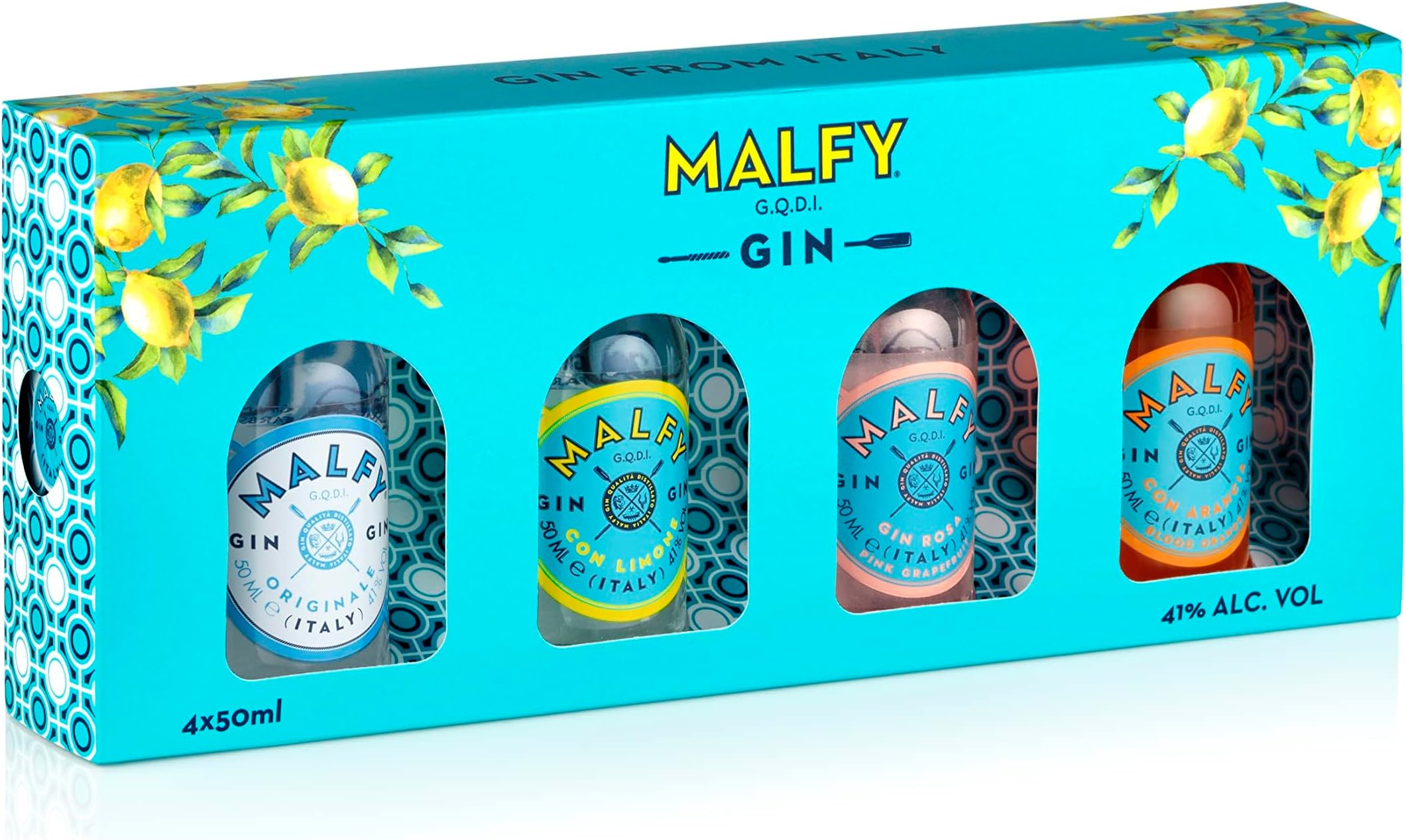Malfy Italian Gin Miniatures Gift Box Selection | 4 x 5cl | Grapefruit, Lemon, Blood Orange and Original Flavoured Gin Minis | Perfect Gin Gift set | Ideal for Birthday Gifts and Special Occasions