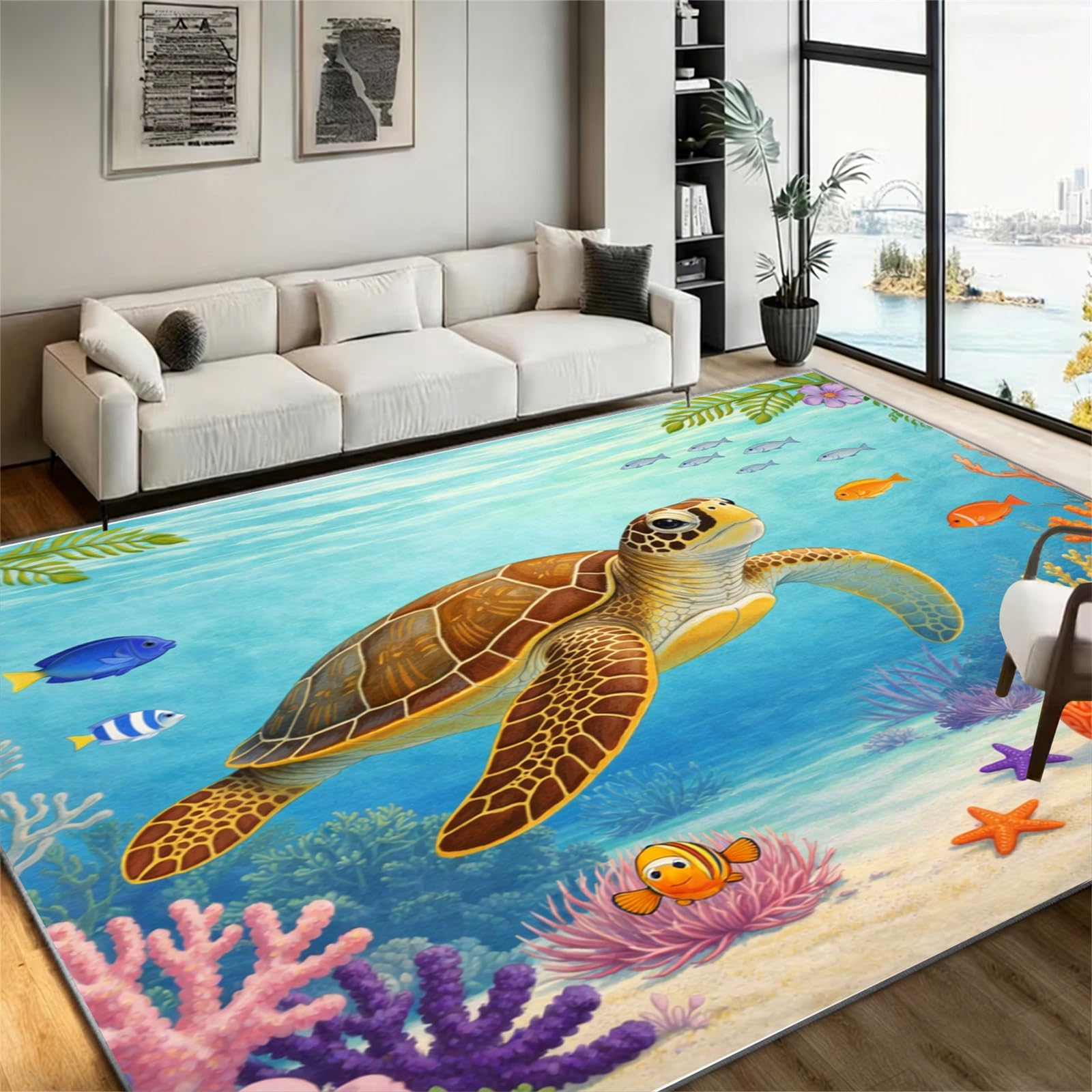 LHOMKCV 3D Sea Turtle Living Room Carpet 60x90cm, Realistic Marine Life Ocean Reef Design, Washable Non-Slip Floor Mat for Bedroom Lounge Boys Room
