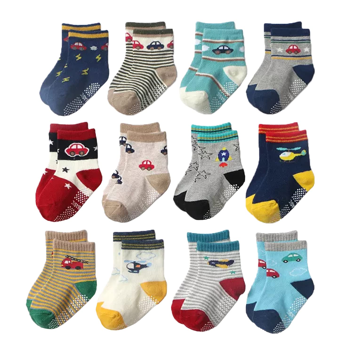 Organic Cotton Anti-Skid Socks Non Slip Kids Toddler Socks with Grip | (Pack of 4,6 &12 Pair) (Color & Print May Vary) (0 to 5 years size)