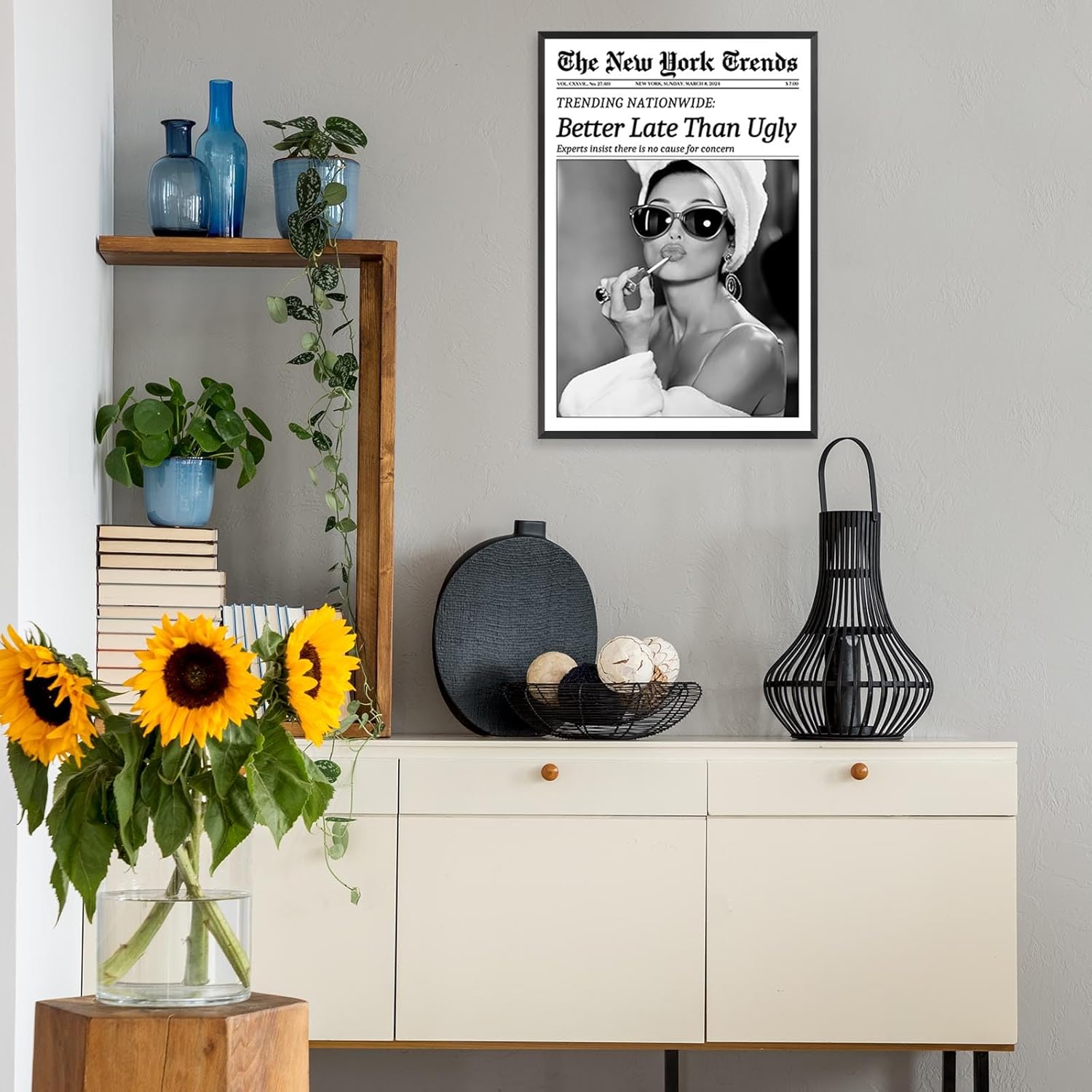FBKDVC Retro Trendy Black And White Women Newspaper Canvas Wall Art Poster Better Late Than Ugly Vintage Funky Girl Aesthetic Preppy Print For Bar Cart Girl Dorm Bathroom Decor 12x16in Framed