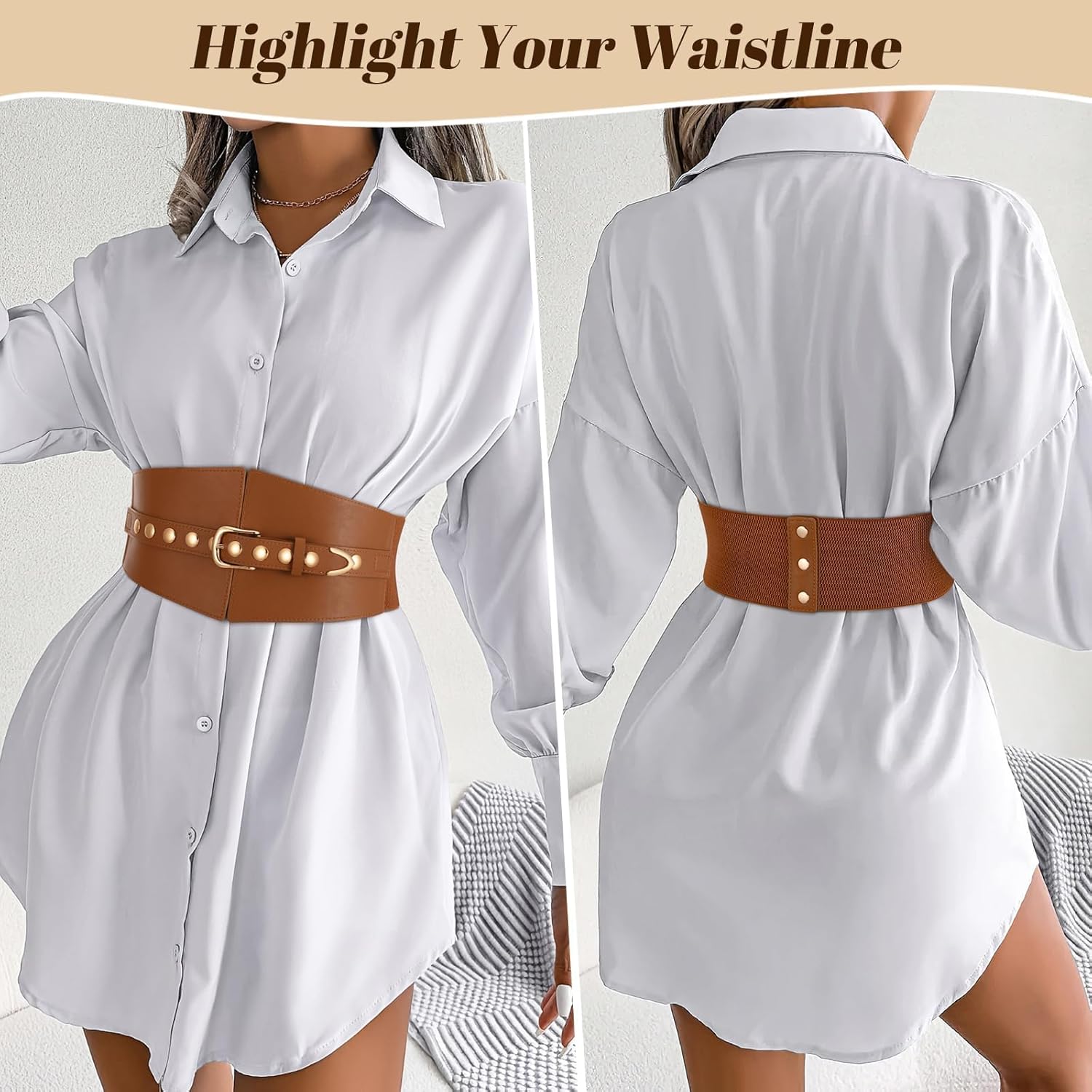 Wide Waist Belt Women Elastic Chunky Stretchy Elegance Belt with Gold Rivets Buckle for Daily Costume - Image 2