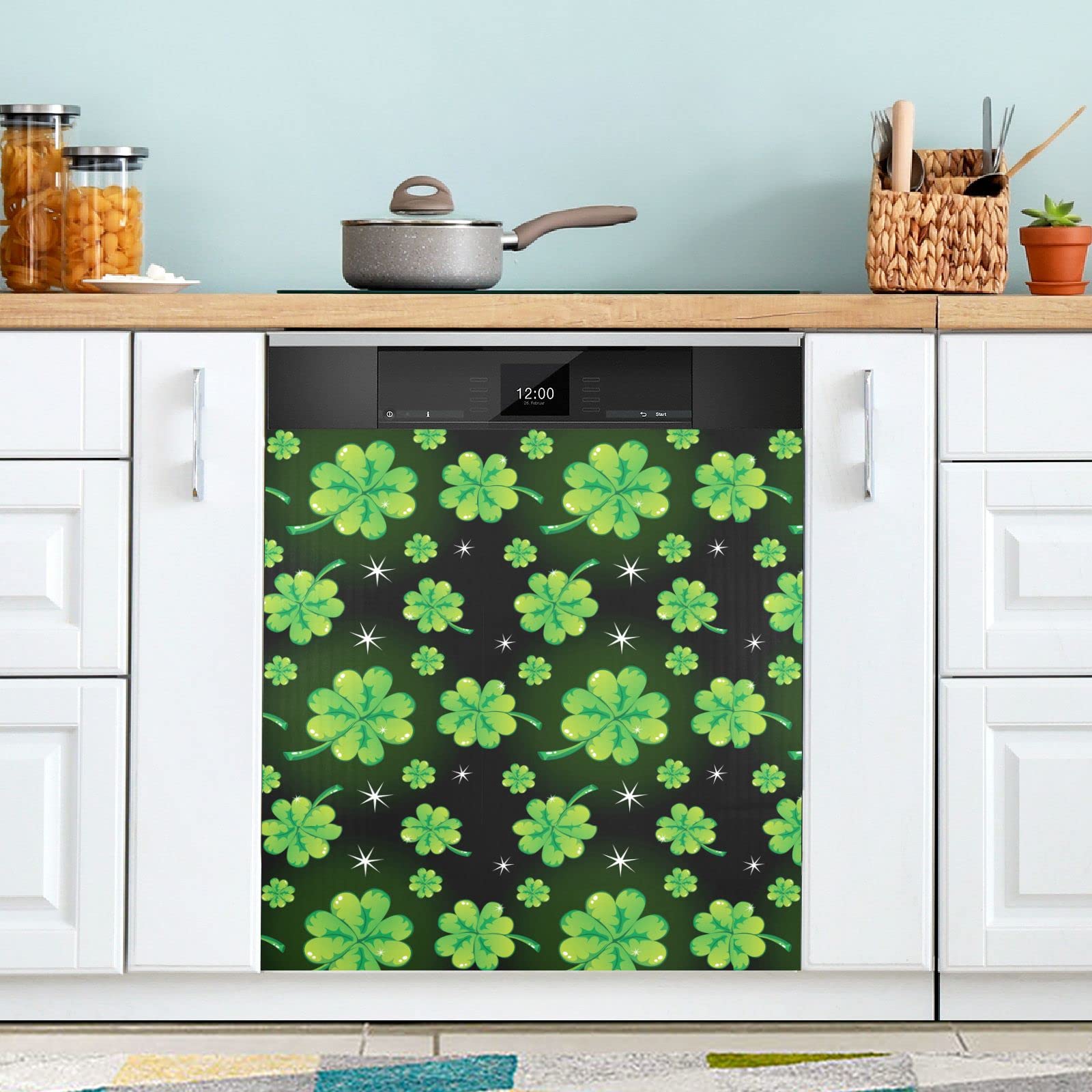St Patrick Clovers Dishwasher Magnet Cover Front Door Shamrocks Leaves Decorative Refrigerator Covers Magnetic Sheet Sticker Wash Machine Fridge Panel Decal for Kitchen Appliance 23x26 in