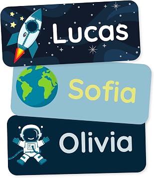 Personalized Name Labels for Kids 60 Clothing Labels & Daycare Labels Custom Waterproof Stickers for School Supplies - Space