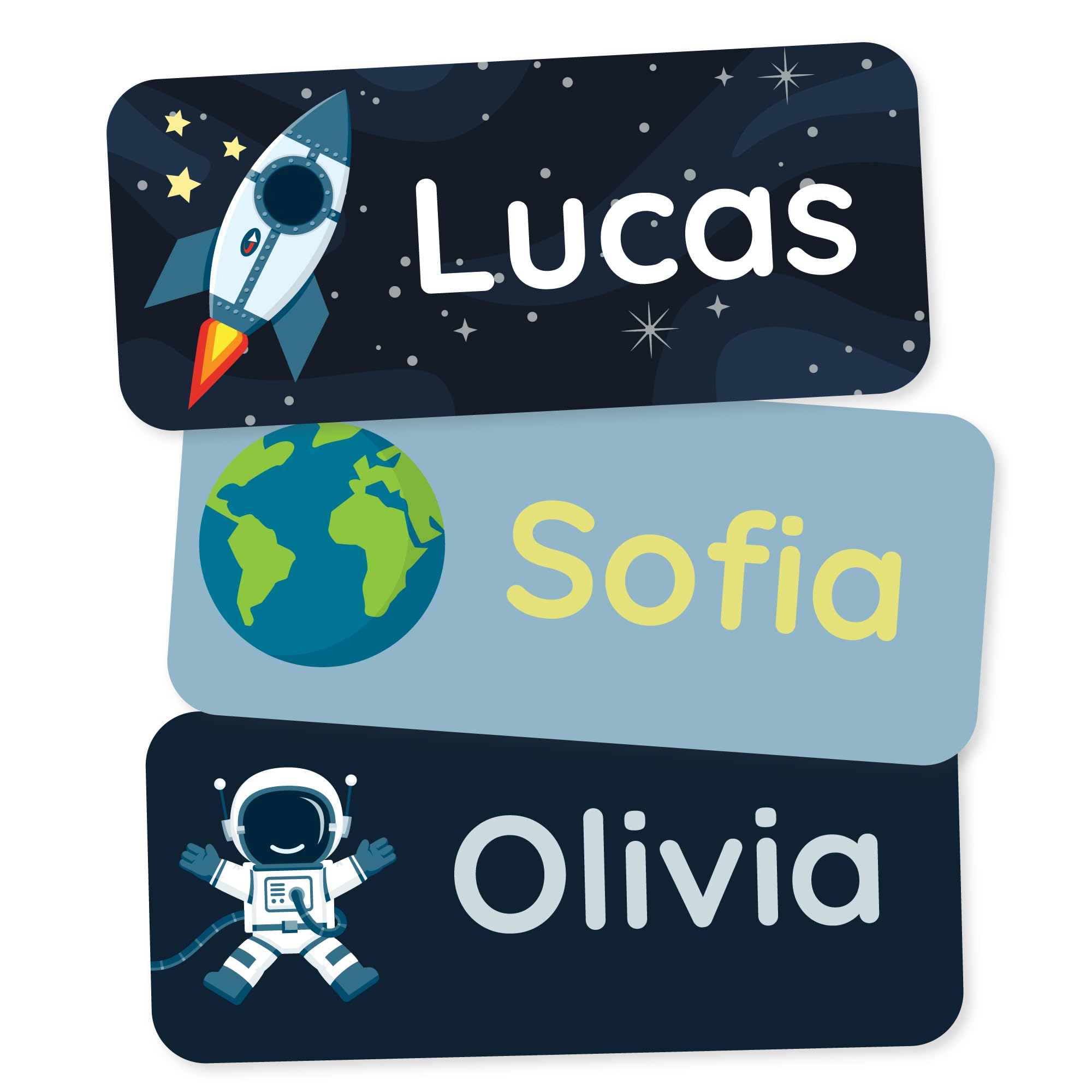 Personalized Name Labels for Kids (180) – Custom Waterproof & Durable Stickers for Clothing, Daycare, Office & School Supplies - Space